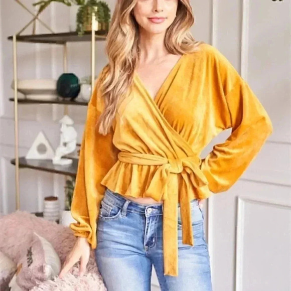 BOHO velour bishop sleeve belted MUSTARD TOP - Picture 5 of 7